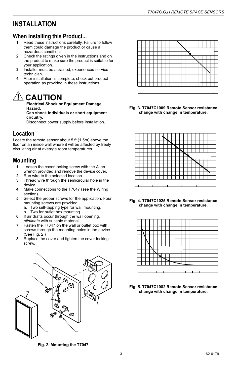 Installation, When installing this product, Location | Mounting, Caution, T7047c,g,h remote space sensors | Honeywell T7047C User Manual | Page 3 / 8