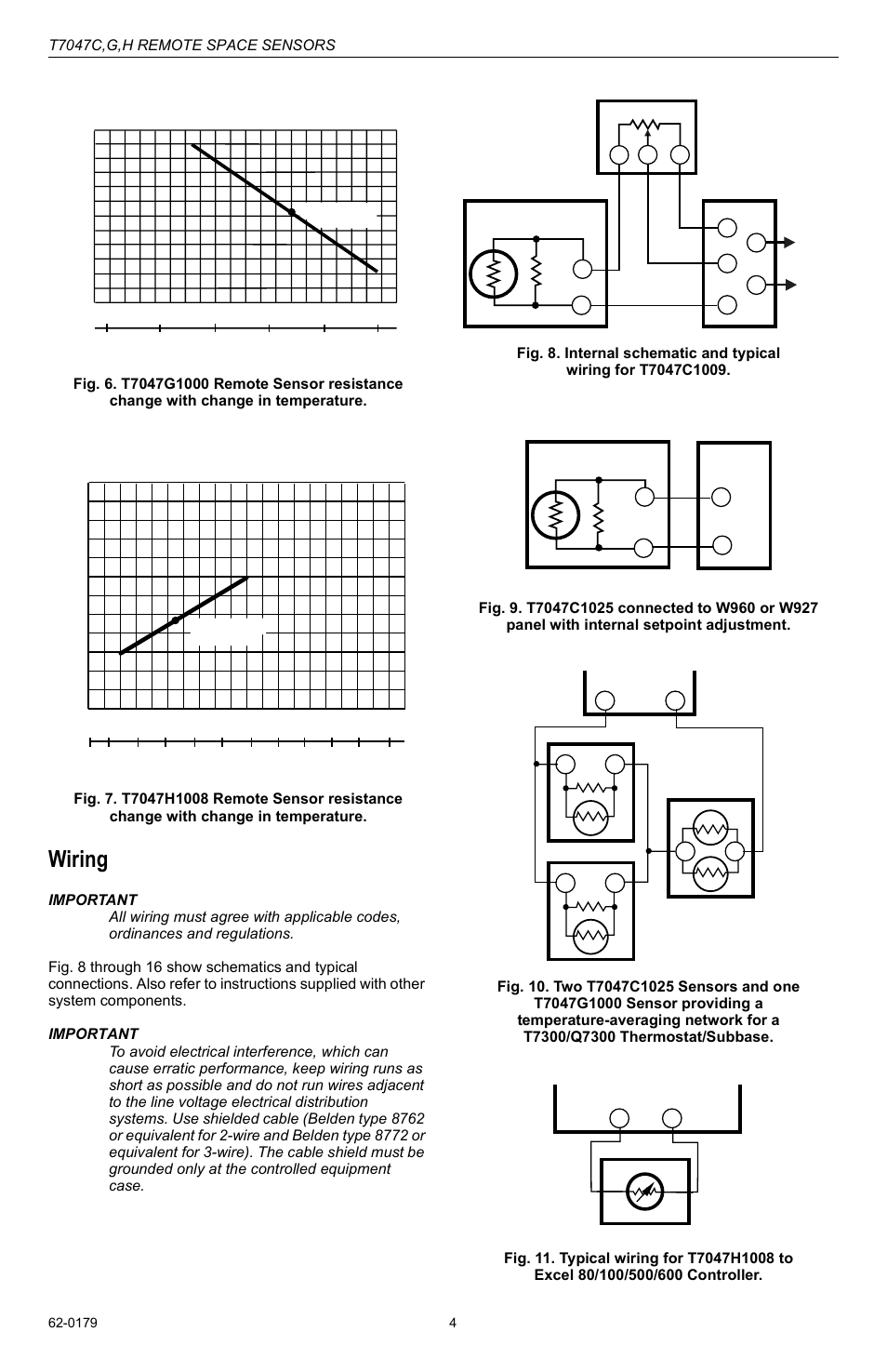Wiring, T7047c,g,h remote space sensors | Honeywell T7047C User Manual | Page 4 / 8