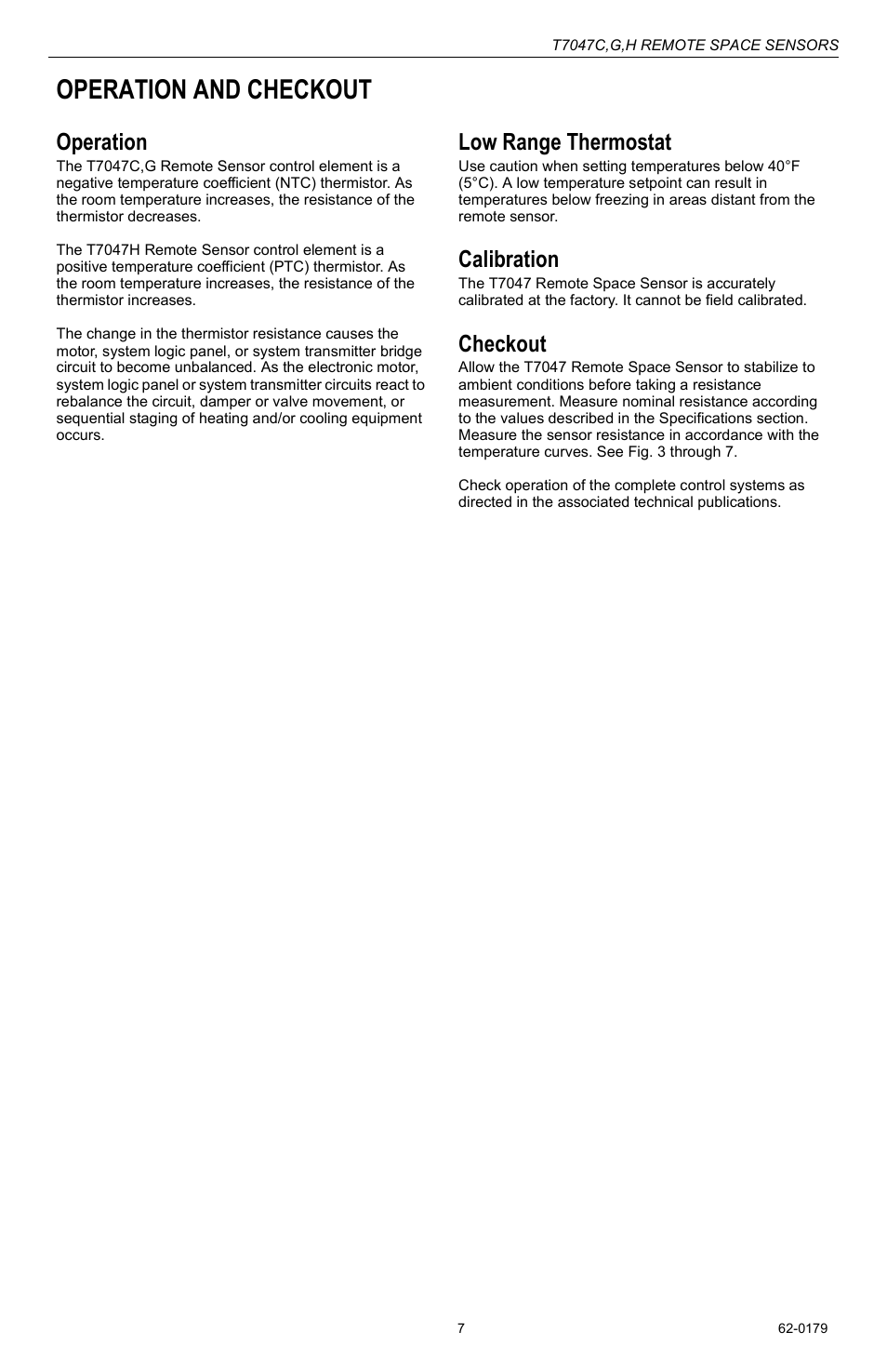 Operation and checkout, Operation, Low range thermostat | Calibration, Checkout | Honeywell T7047C User Manual | Page 7 / 8