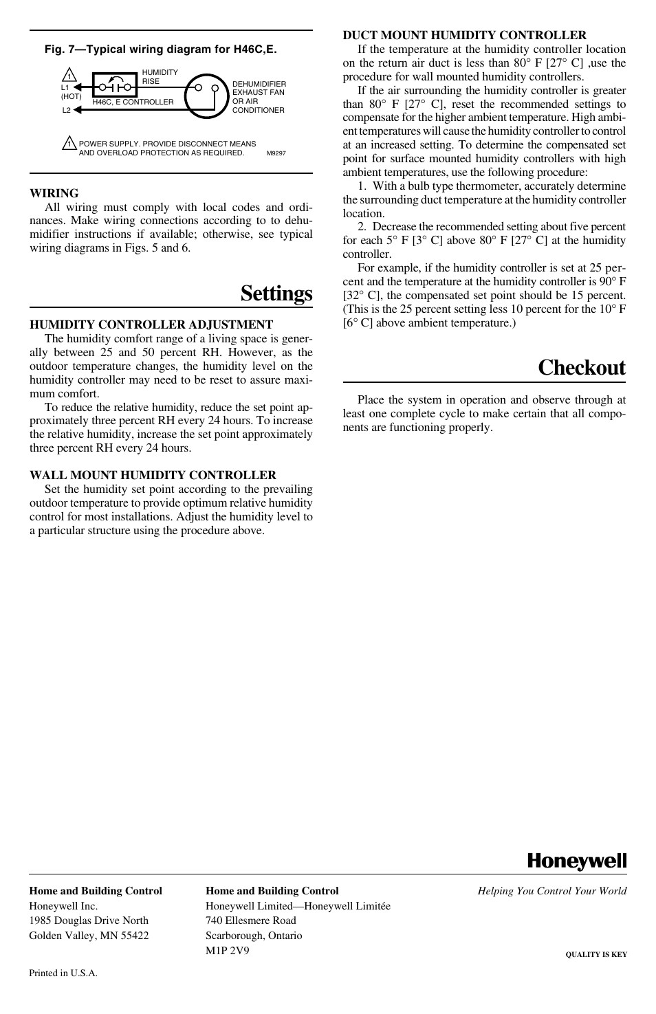 Checkout, Settings | Honeywell H808C User Manual | Page 4 / 4