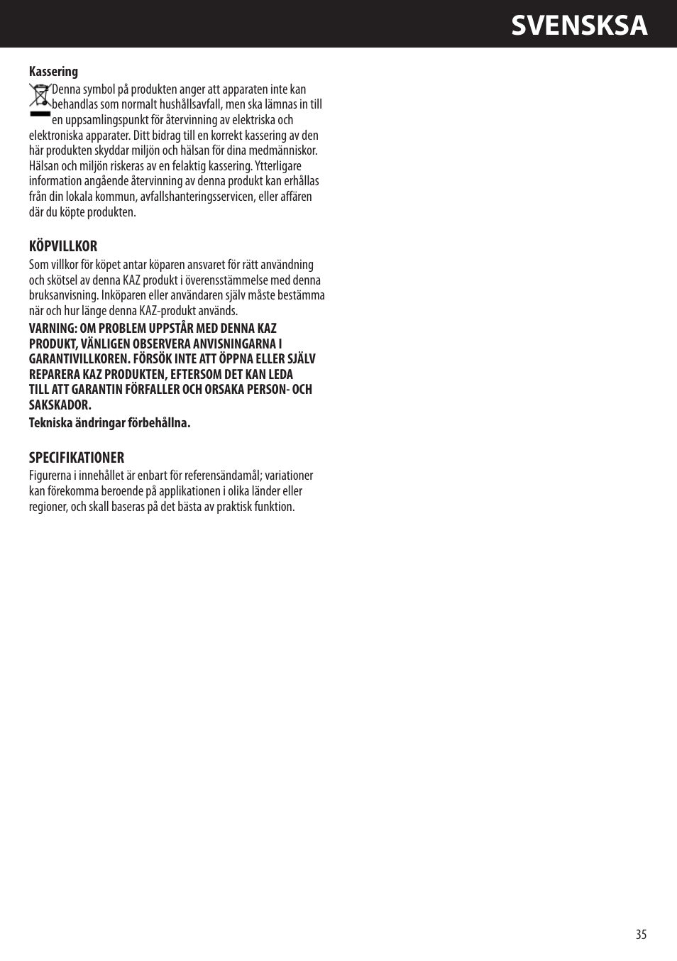 Svensksa | Honeywell AMH-10000E User Manual | Page 35 / 88