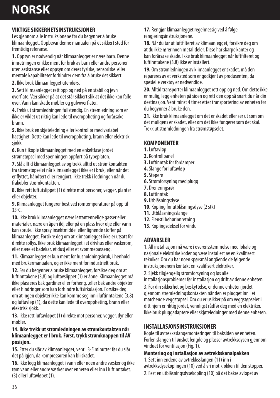 Norsk | Honeywell AMH-10000E User Manual | Page 36 / 88