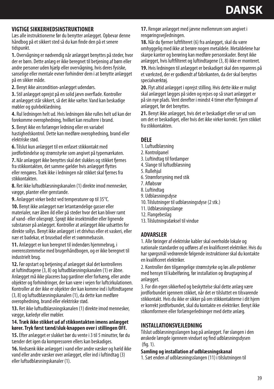 Dansk | Honeywell AMH-10000E User Manual | Page 39 / 88