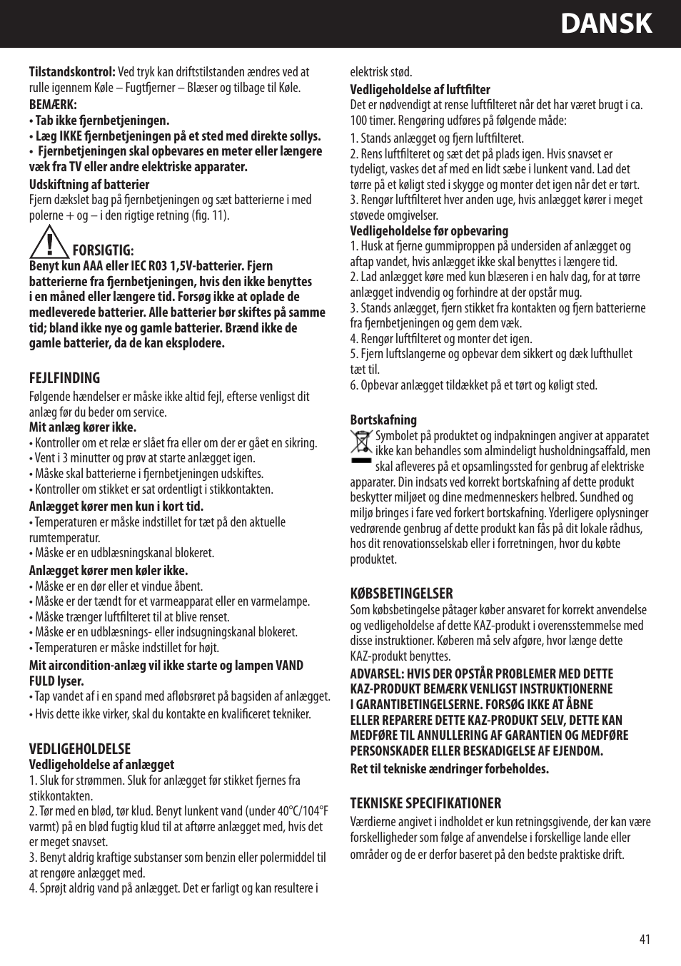 Dansk | Honeywell AMH-10000E User Manual | Page 41 / 88