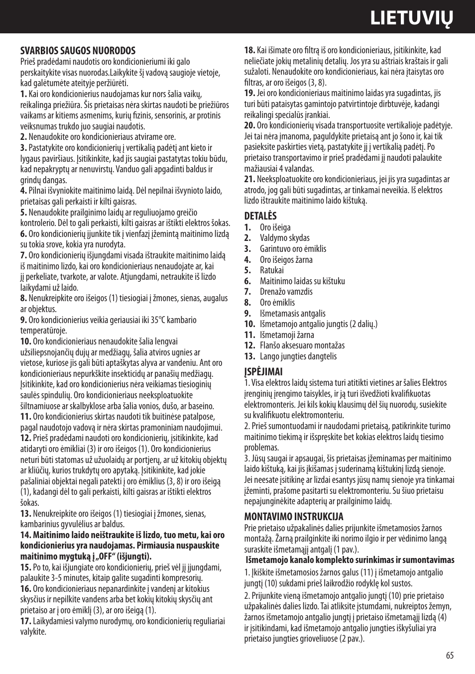 Lietuvių | Honeywell AMH-10000E User Manual | Page 65 / 88