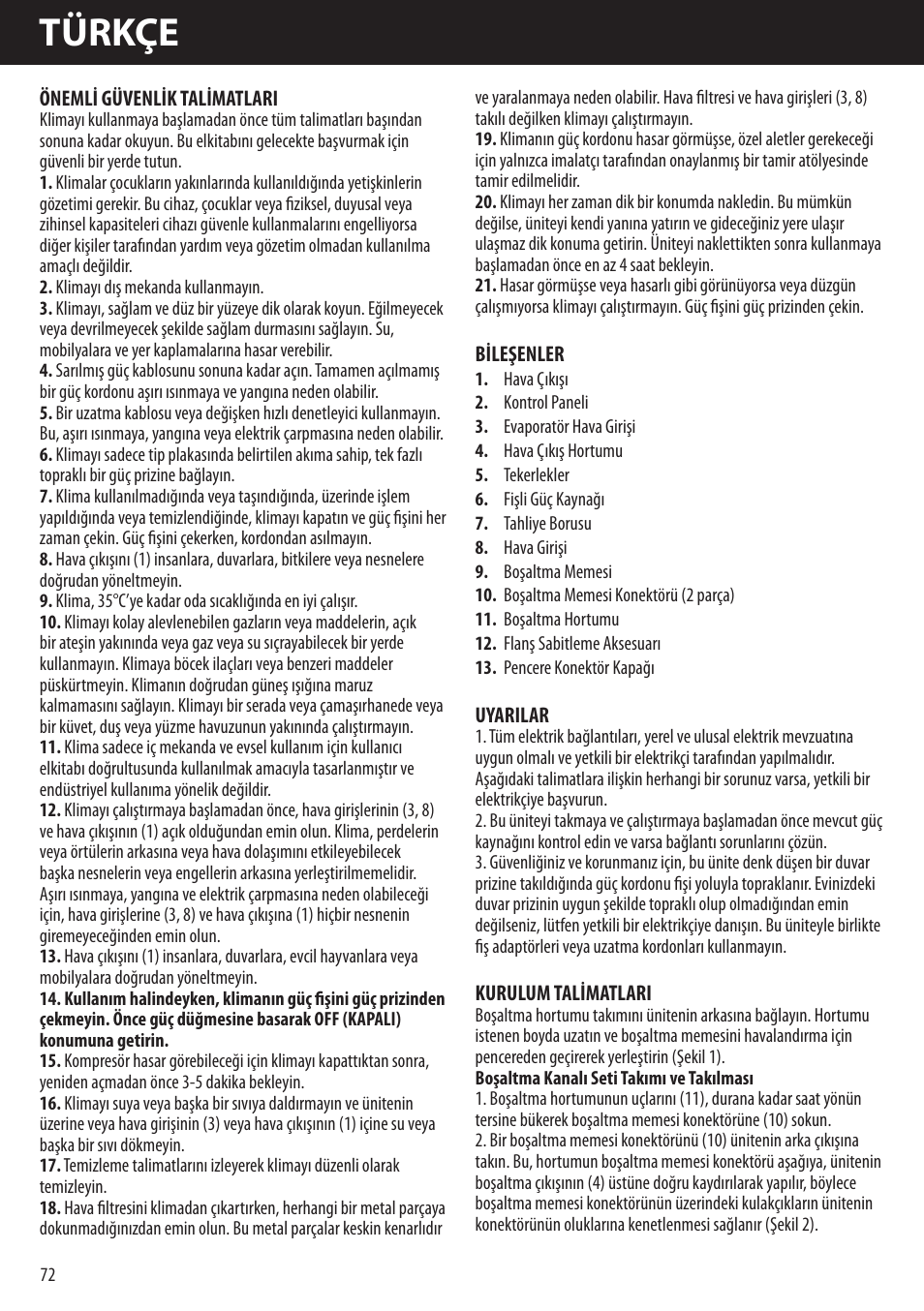 Türkçe | Honeywell AMH-10000E User Manual | Page 72 / 88