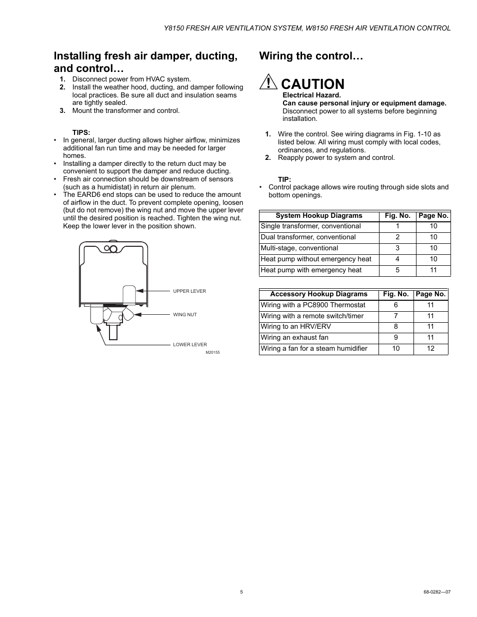 Caution, Installing fresh air damper, ducting, and control, Wiring the control | Honeywell Y8150 User Manual | Page 5 / 12