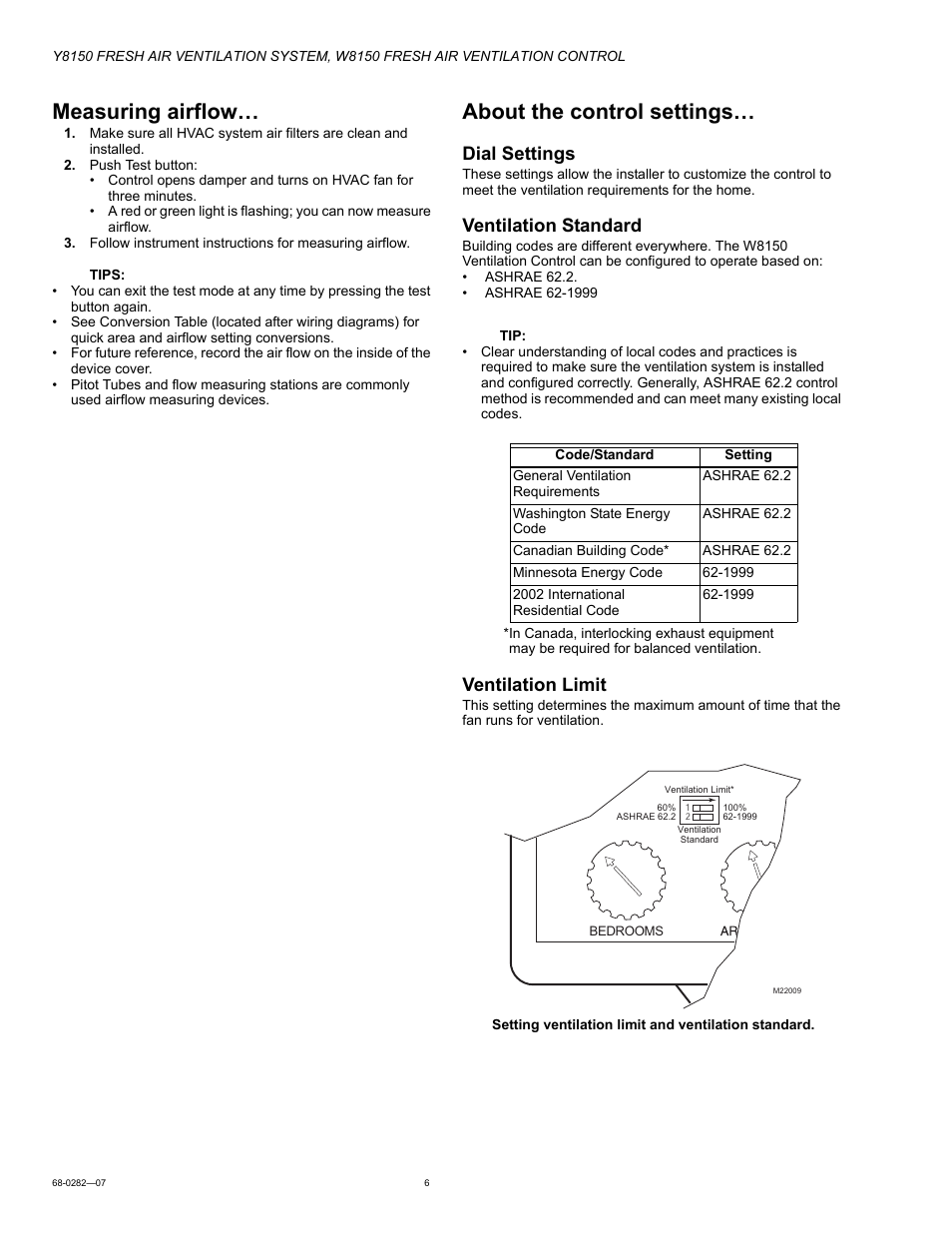 Measuring airflow, About the control settings, Dial settings | Ventilation standard, Ventilation limit | Honeywell Y8150 User Manual | Page 6 / 12