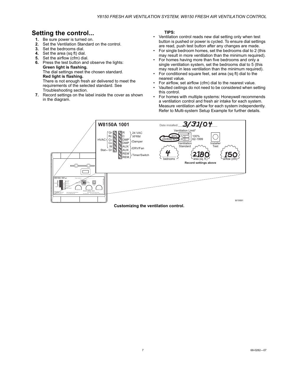 Setting the control | Honeywell Y8150 User Manual | Page 7 / 12