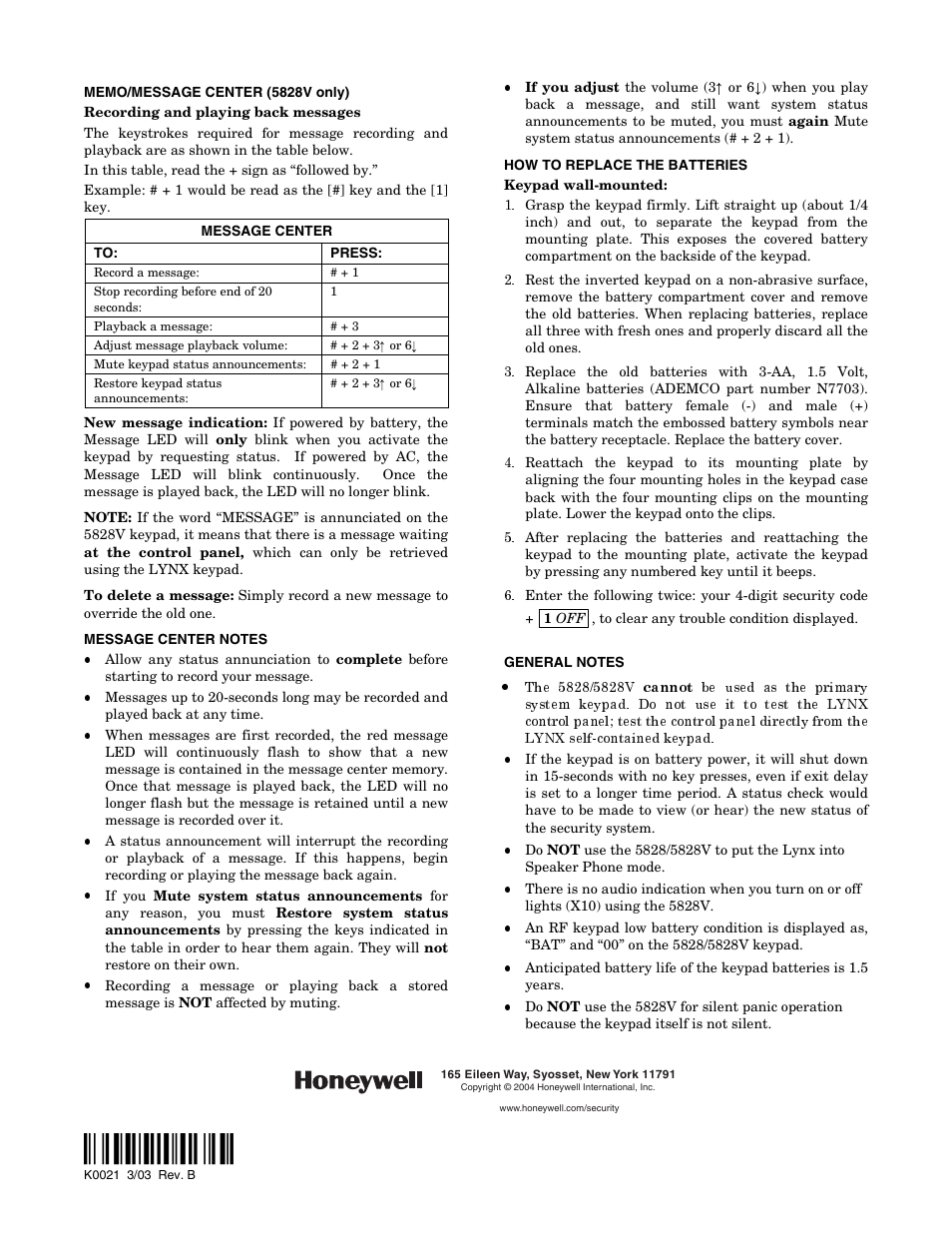 Honeywell ADEMCO 5828V User Manual | Page 2 / 2