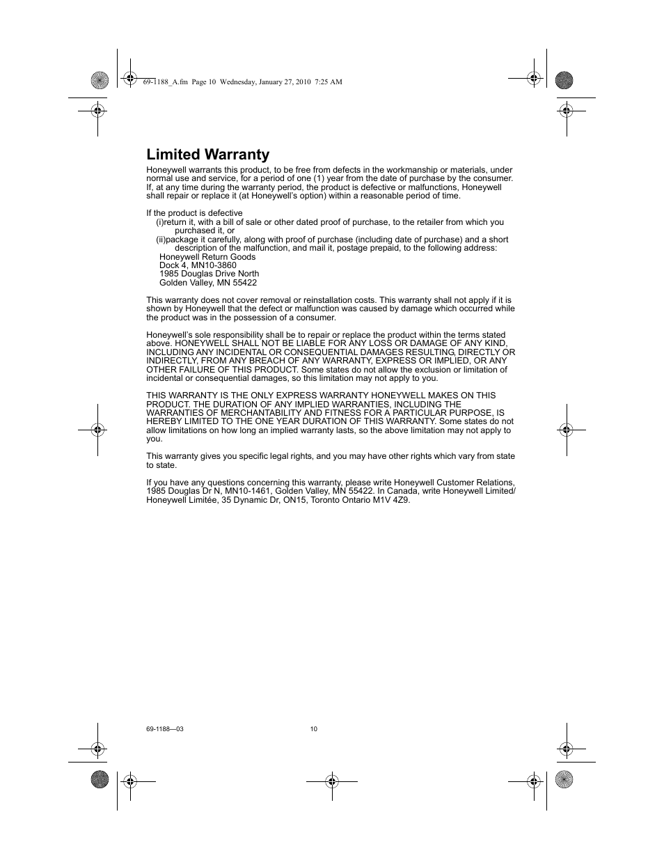Limited warranty | Honeywell PERFECT WINDOW ER200 User Manual | Page 10 / 12