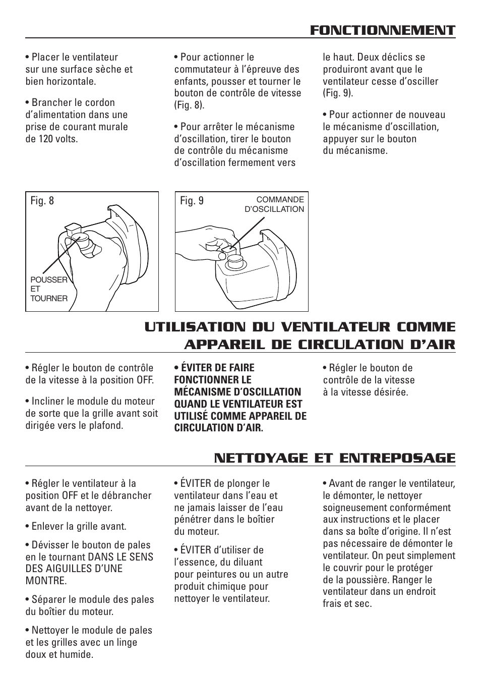Fonctionnement, Nettoyage et entreposage | Honeywell HS-120C Series User Manual | Page 12 / 21