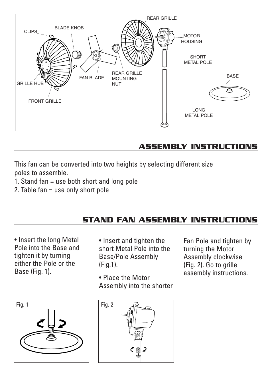 Stand fan assembly instructions, Assembly instructions | Honeywell HS-120C Series User Manual | Page 3 / 21