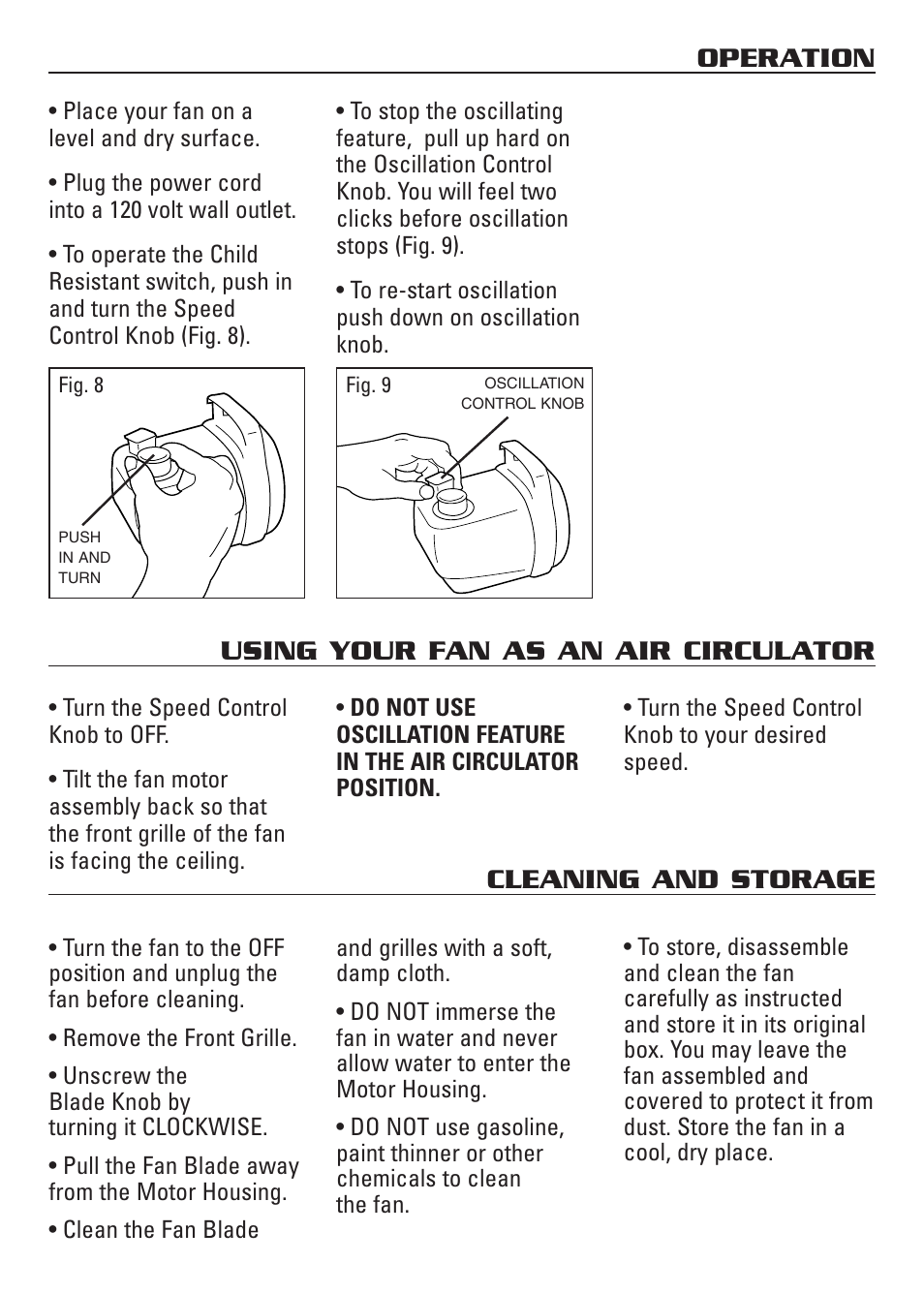 Operation, Using your fan as an air circulator, Cleaning and storage | Honeywell HS-120C Series User Manual | Page 5 / 21