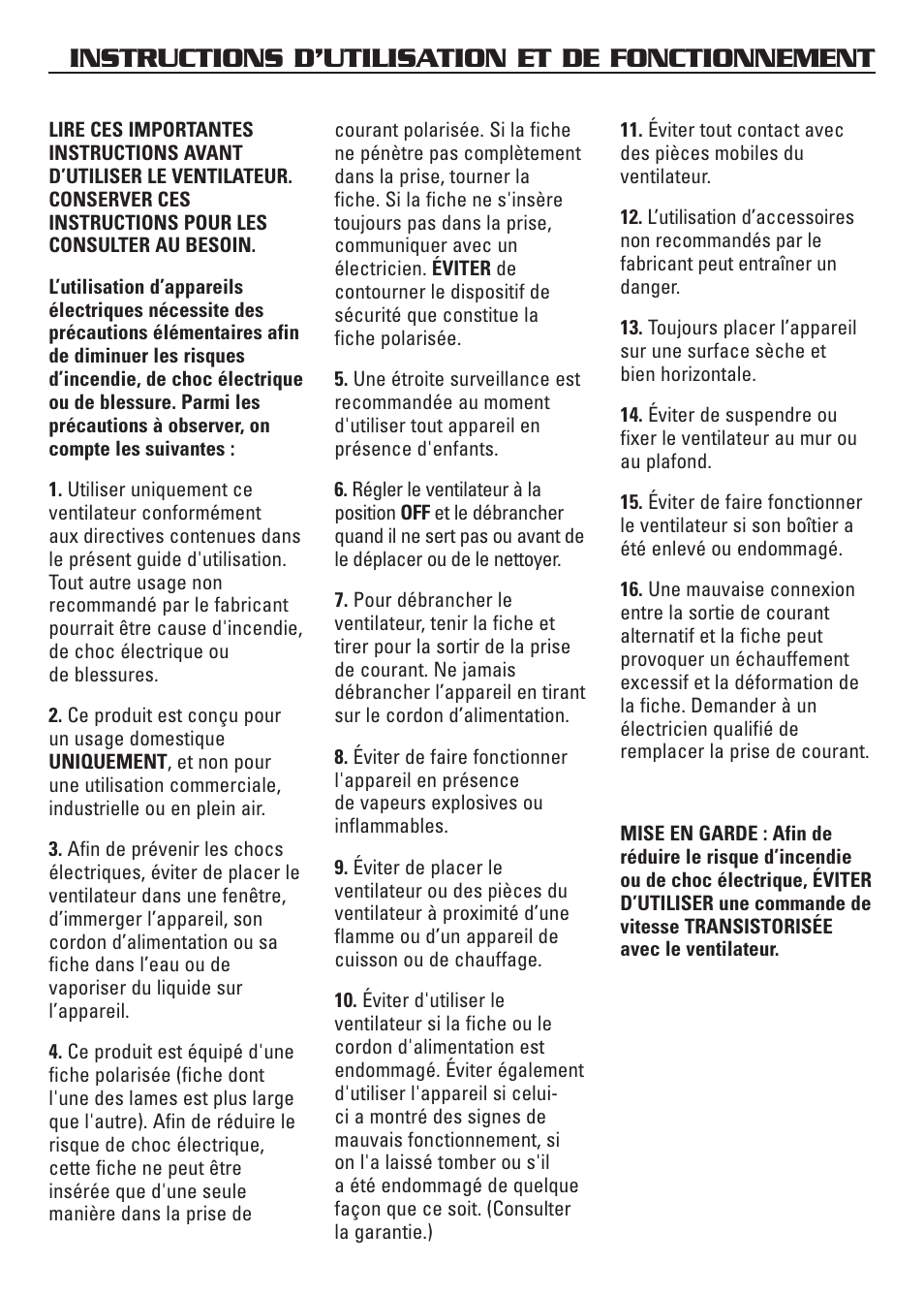 Instructions d’utilisation et de fonctionnement | Honeywell HS-120C Series User Manual | Page 9 / 21