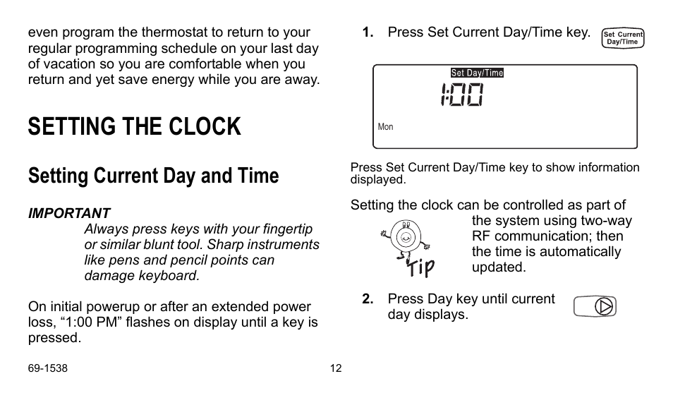 Setting the clock, Setting current day and time | Honeywell ENERGYPRO T8665D User Manual | Page 12 / 52