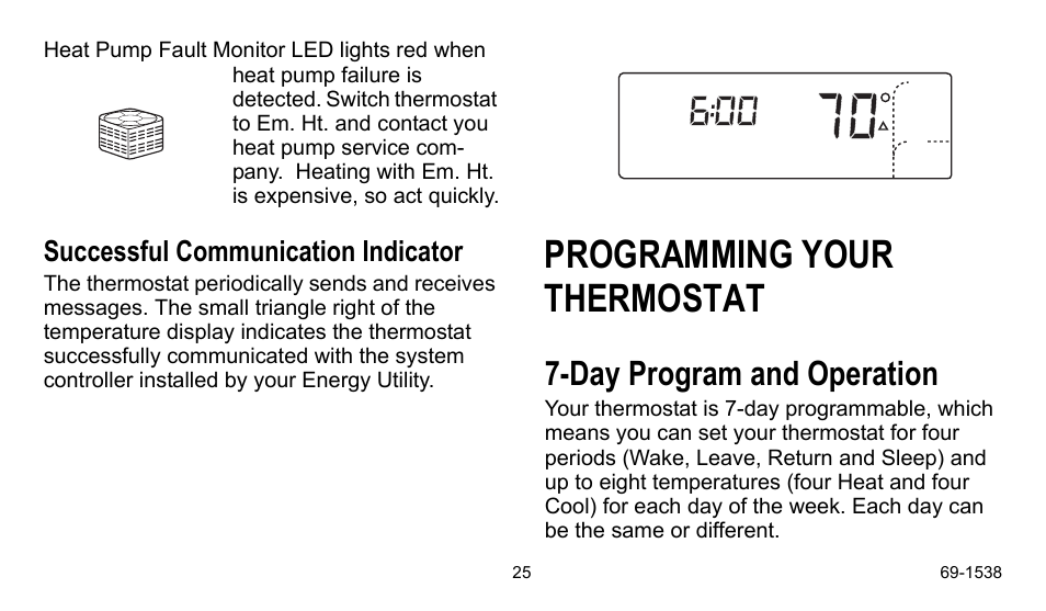 Successful communication indicator, Programming your thermostat, Day program and operation | Honeywell ENERGYPRO T8665D User Manual | Page 25 / 52