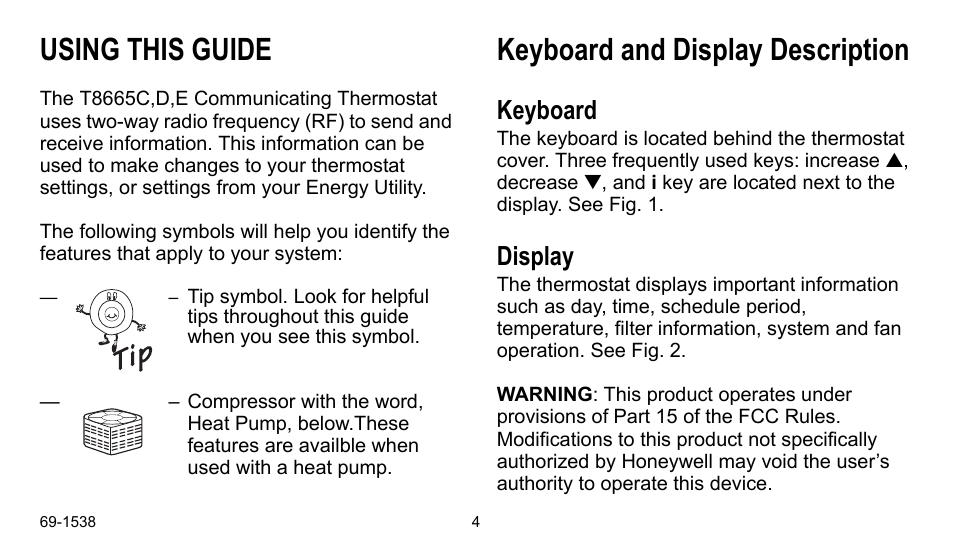 Using this guide, Keyboard and display description, Keyboard | Display | Honeywell ENERGYPRO T8665D User Manual | Page 4 / 52