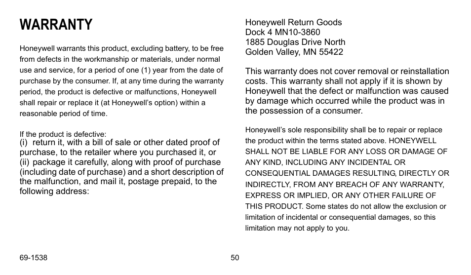 Warranty | Honeywell ENERGYPRO T8665D User Manual | Page 50 / 52