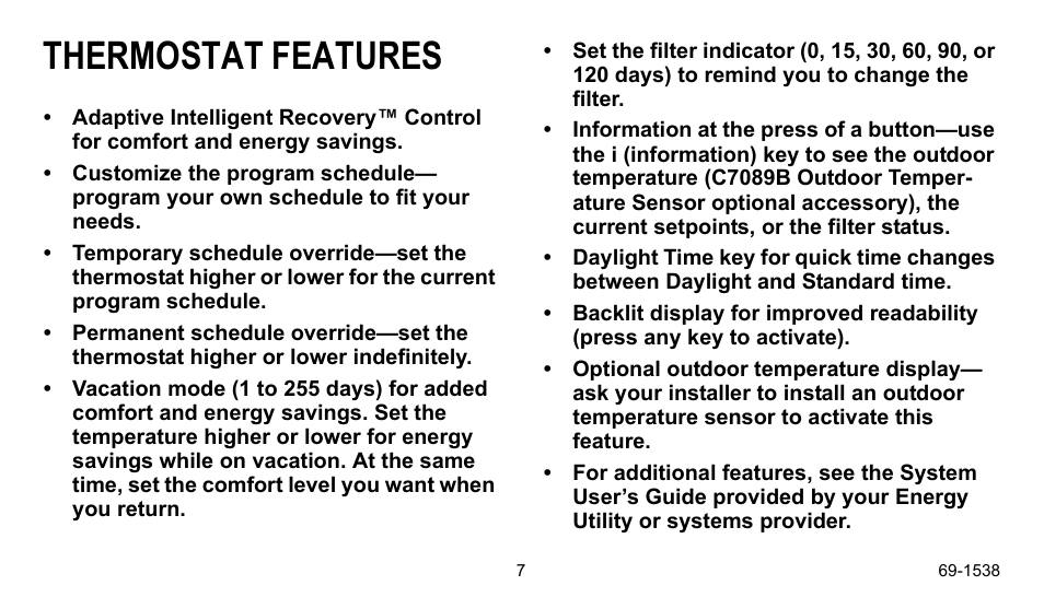 Thermostat features | Honeywell ENERGYPRO T8665D User Manual | Page 7 / 52