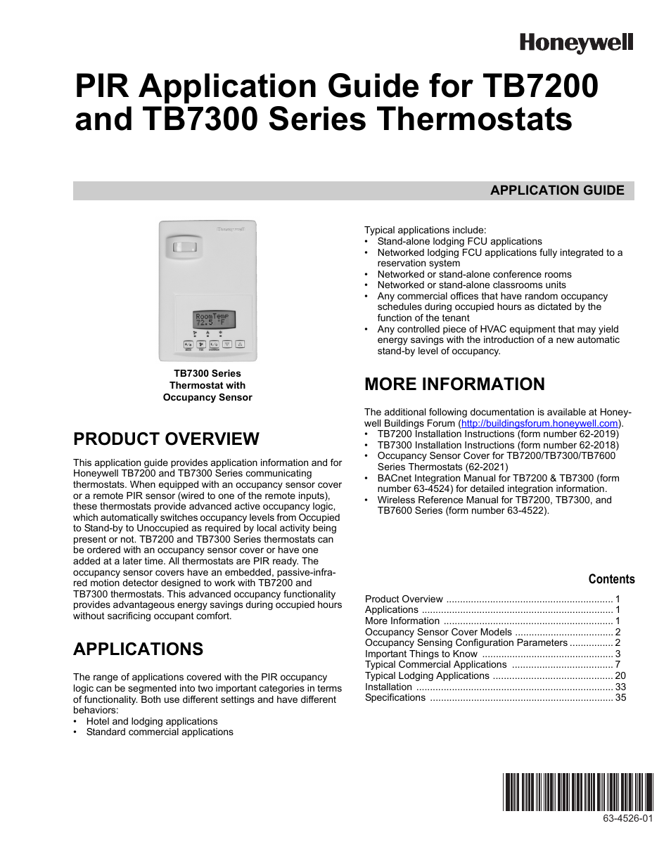 Honeywell PIR Application Guide for TB7200 and TB7300 Series s 63-4526-01 User Manual | 36 pages