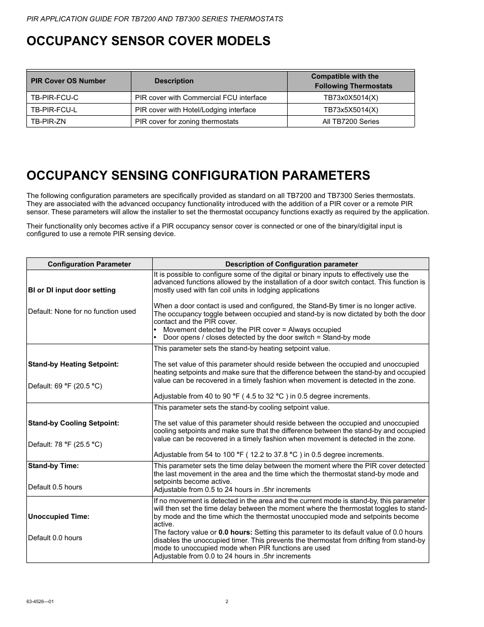 Occupancy sensor cover models, Occupancy sensing configuration parameters | Honeywell PIR Application Guide for TB7200 and TB7300 Series s 63-4526-01 User Manual | Page 2 / 36