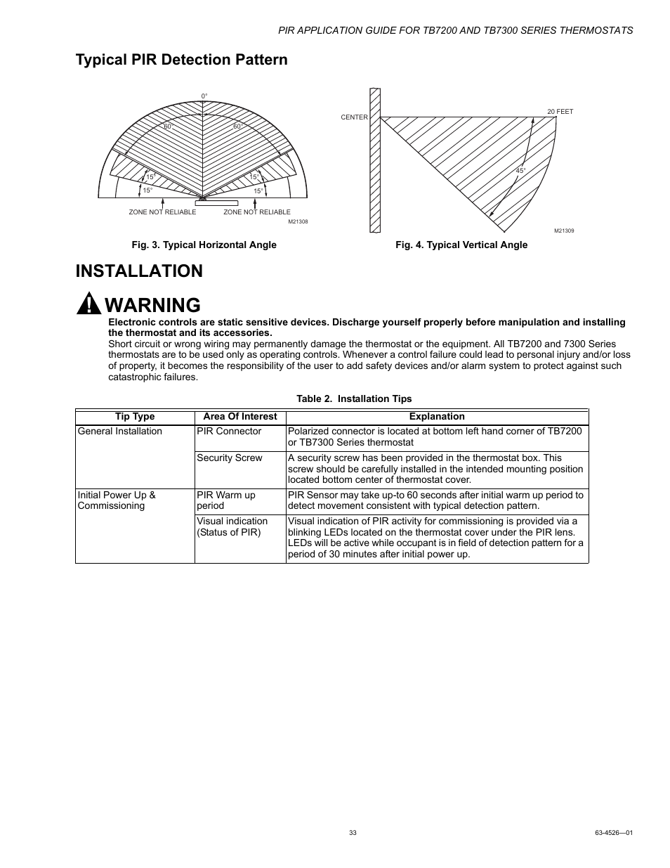 Installation, Warning, Typical pir detection pattern | Honeywell PIR Application Guide for TB7200 and TB7300 Series s 63-4526-01 User Manual | Page 33 / 36