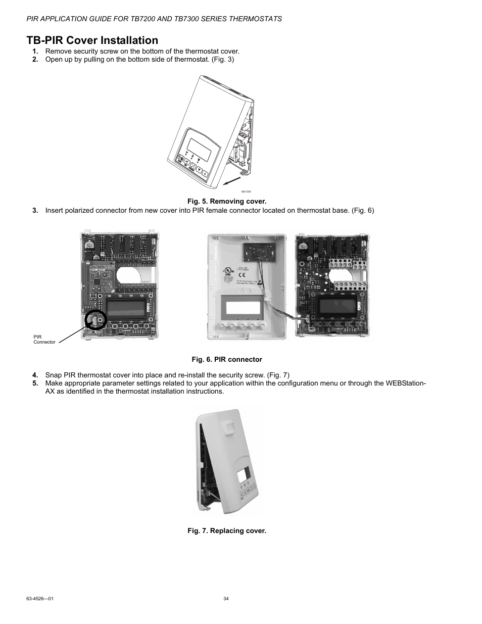 Tb-pir cover installation | Honeywell PIR Application Guide for TB7200 and TB7300 Series s 63-4526-01 User Manual | Page 34 / 36