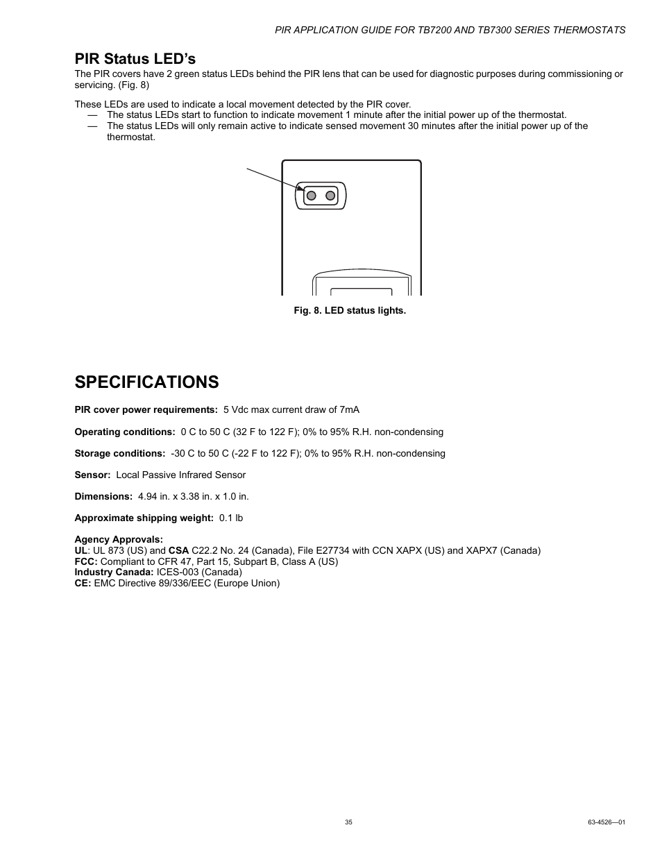 Specifications, Pir status led’s | Honeywell PIR Application Guide for TB7200 and TB7300 Series s 63-4526-01 User Manual | Page 35 / 36