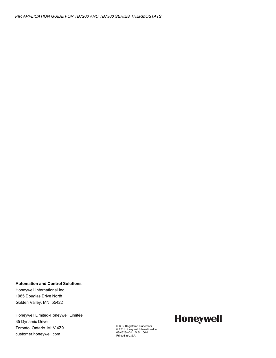 Honeywell PIR Application Guide for TB7200 and TB7300 Series s 63-4526-01 User Manual | Page 36 / 36