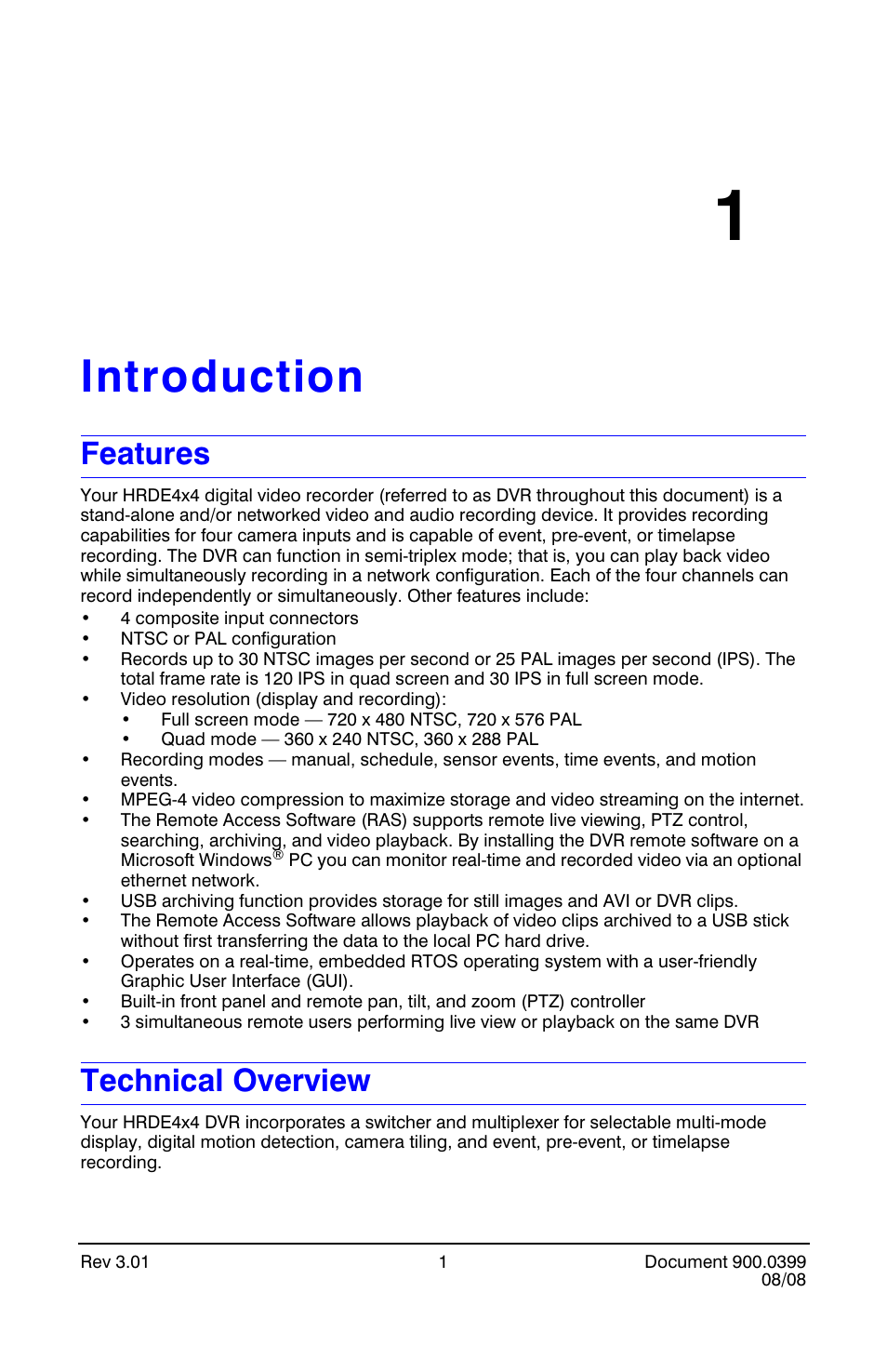 Introduction 1, Features, Technical overview | Introduction, Features technical overview | Honeywell HRDE4X4 User Manual | Page 11 / 80