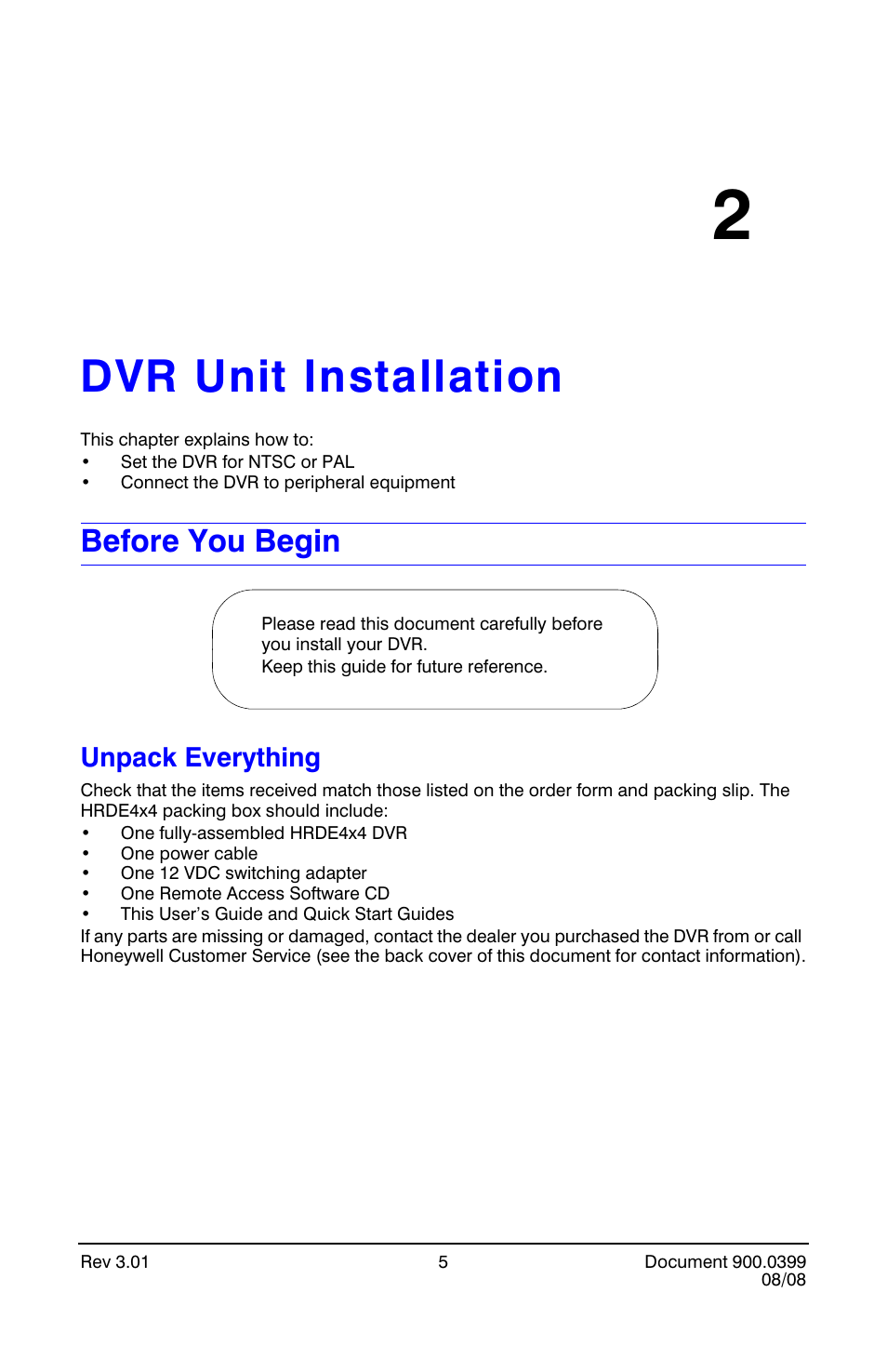 Dvr unit installation 2, Before you begin, Unpack everything | Dvr unit installation | Honeywell HRDE4X4 User Manual | Page 15 / 80