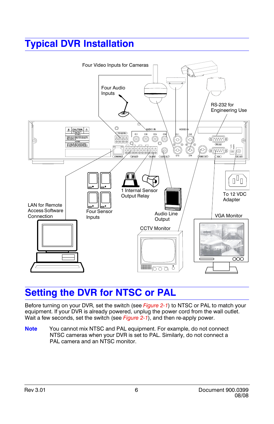 Typical dvr installation, Setting the dvr for ntsc or pal | Honeywell HRDE4X4 User Manual | Page 16 / 80