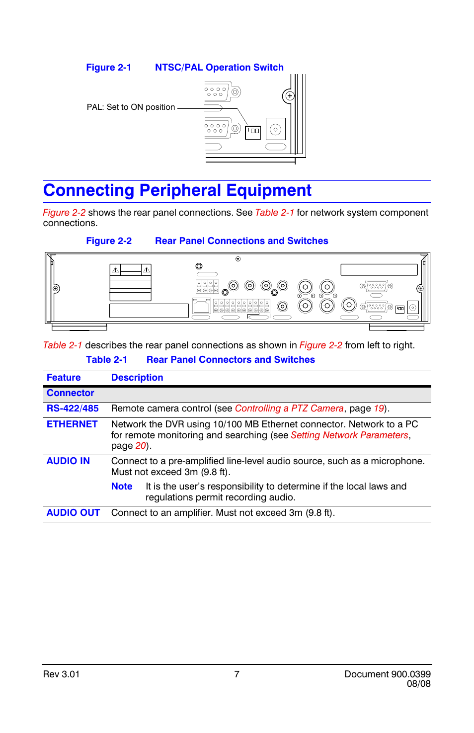 Connecting peripheral equipment, Ntsc/pal operation switch, Rear panel connections and switches | Rear panel connectors and switches, Pal: set to on position | Honeywell HRDE4X4 User Manual | Page 17 / 80