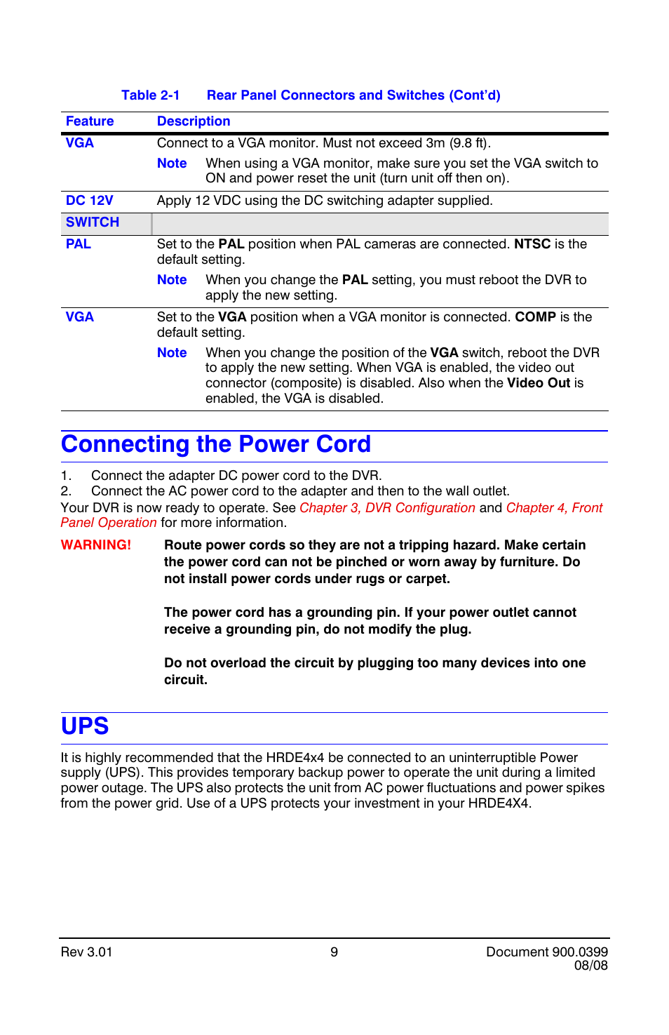 Connecting the power cord, Connecting the power cord ups | Honeywell HRDE4X4 User Manual | Page 19 / 80