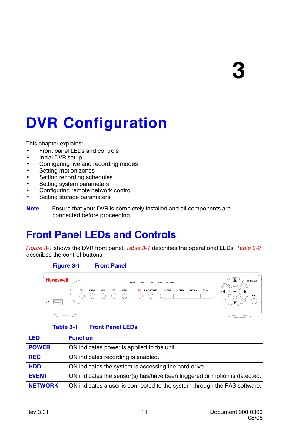 Dvr configuration 3, Front panel leds and controls, Dvr configuration | Front panel, Front panel leds, Chapter 3, dvr configuration | Honeywell HRDE4X4 User Manual | Page 21 / 80