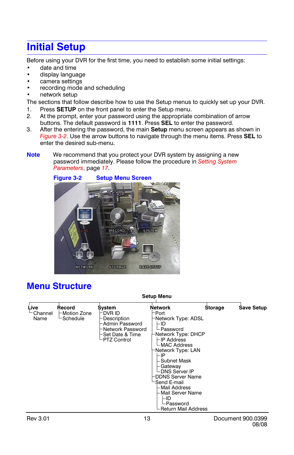 Initial setup, Menu structure, Setup menu screen | Honeywell HRDE4X4 User Manual | Page 23 / 80