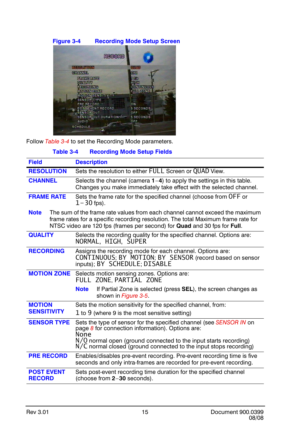Recording mode setup screen, Recording mode setup fields | Honeywell HRDE4X4 User Manual | Page 25 / 80