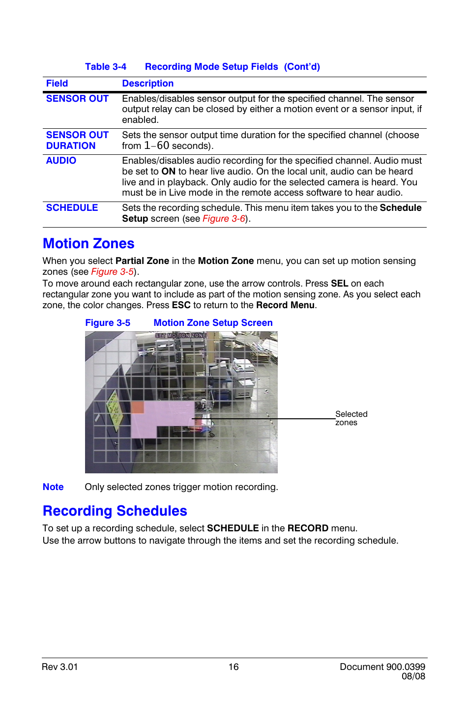 Motion zones, Recording schedules, Motion zones recording schedules | Motion zone setup screen, Figure 3-5 | Honeywell HRDE4X4 User Manual | Page 26 / 80