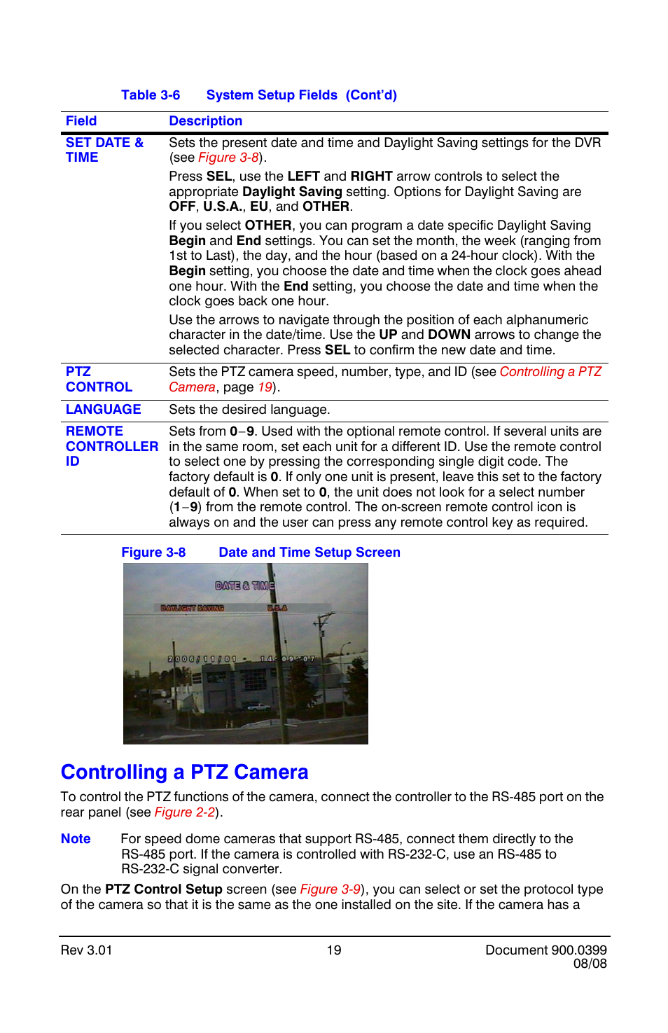 Controlling a ptz camera, Date and time setup screen | Honeywell HRDE4X4 User Manual | Page 29 / 80