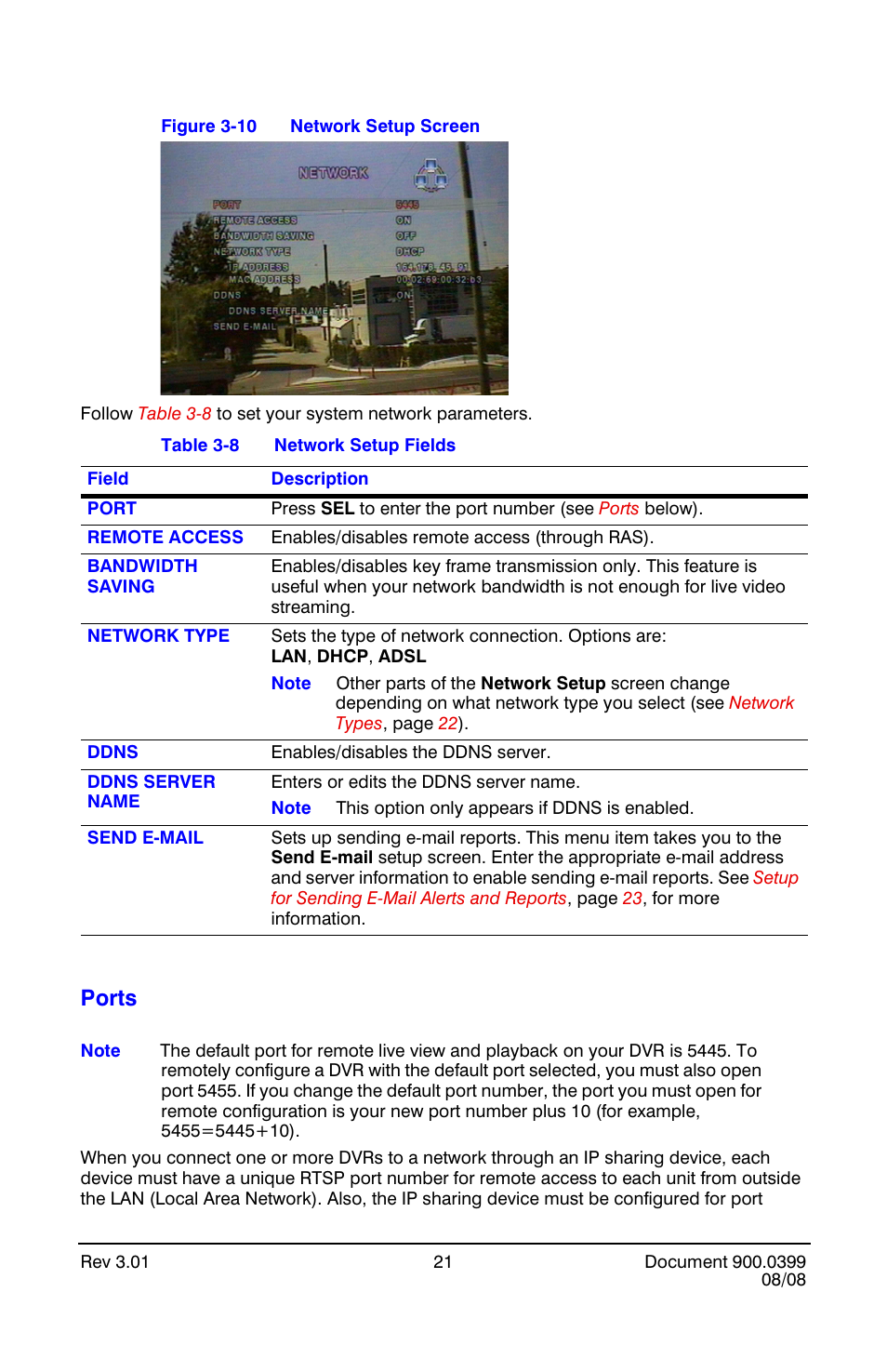 Ports, Network setup screen, Network setup fields | Honeywell HRDE4X4 User Manual | Page 31 / 80