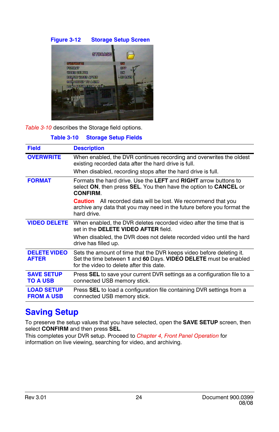 Saving setup, Storage setup screen, Storage setup fields | Honeywell HRDE4X4 User Manual | Page 34 / 80