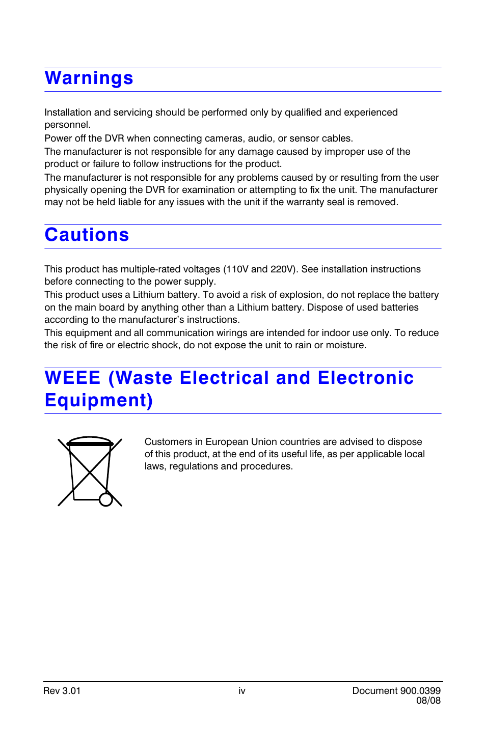 Warnings, Cautions, Weee (waste electrical and electronic equipment) | Honeywell HRDE4X4 User Manual | Page 4 / 80