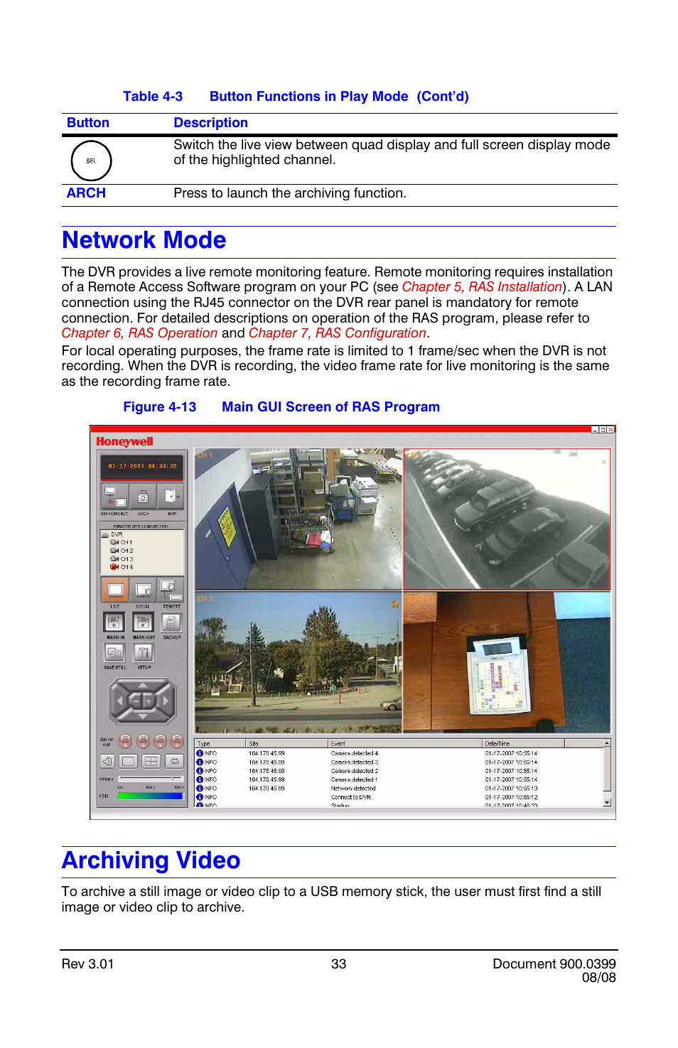 Network mode, Archiving video, Network mode archiving video | Main gui screen of ras program, For mo | Honeywell HRDE4X4 User Manual | Page 43 / 80