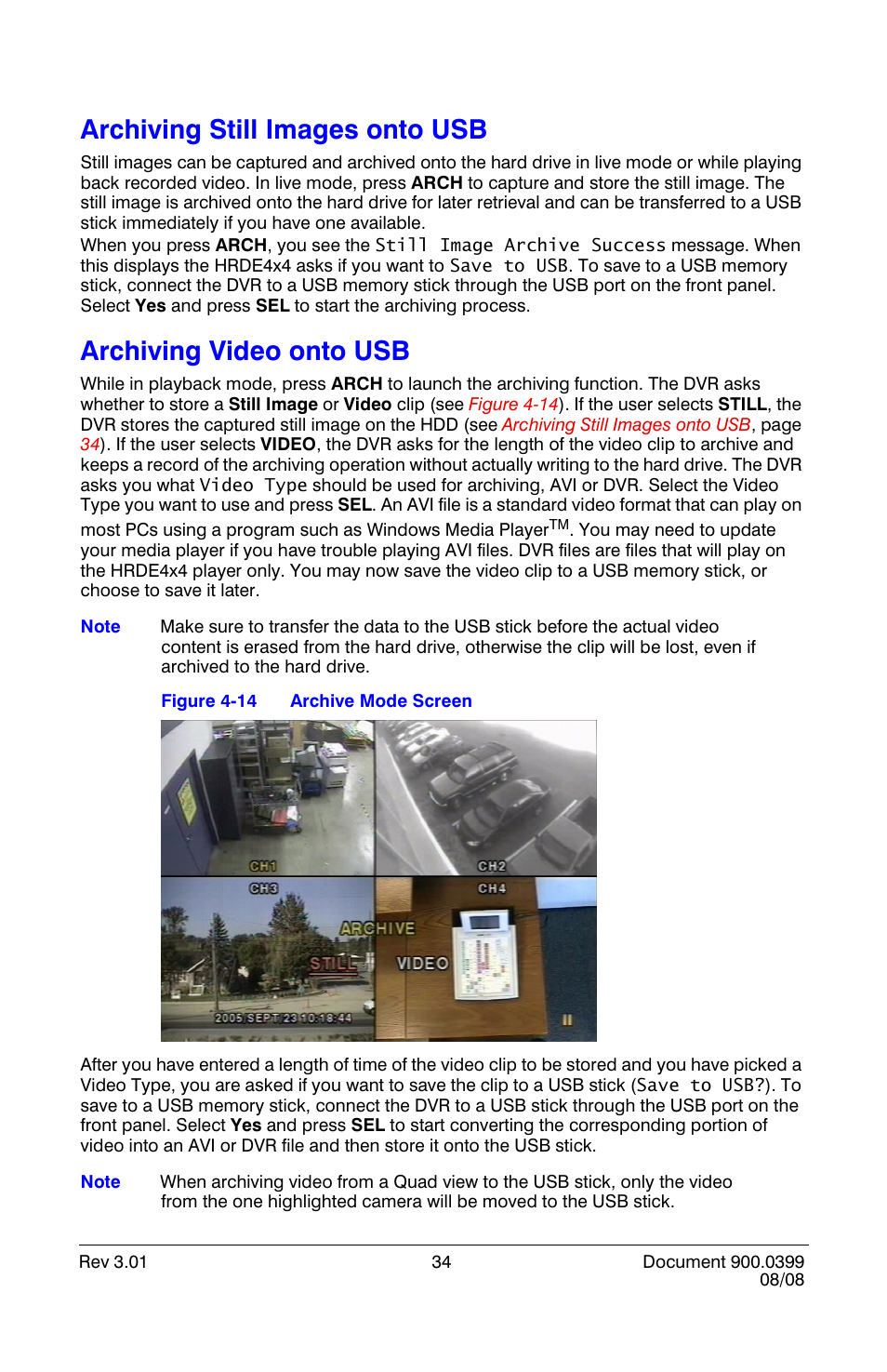 Archiving still images onto usb, Archiving video onto usb, Archive mode screen | Honeywell HRDE4X4 User Manual | Page 44 / 80