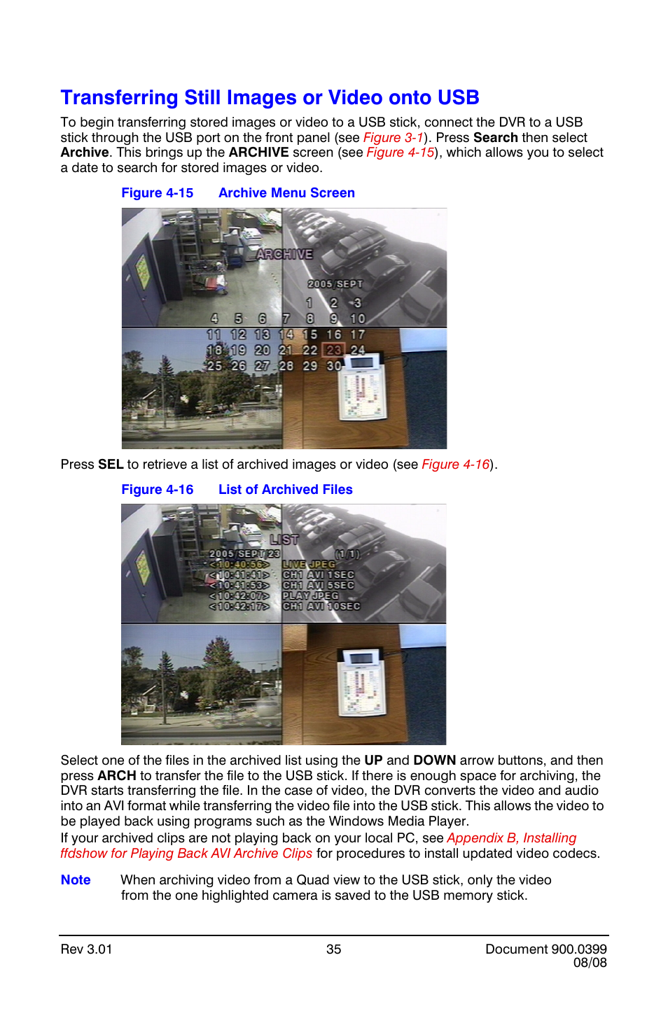 Transferring still images or video onto usb, Archive menu screen, List of archived files | Honeywell HRDE4X4 User Manual | Page 45 / 80
