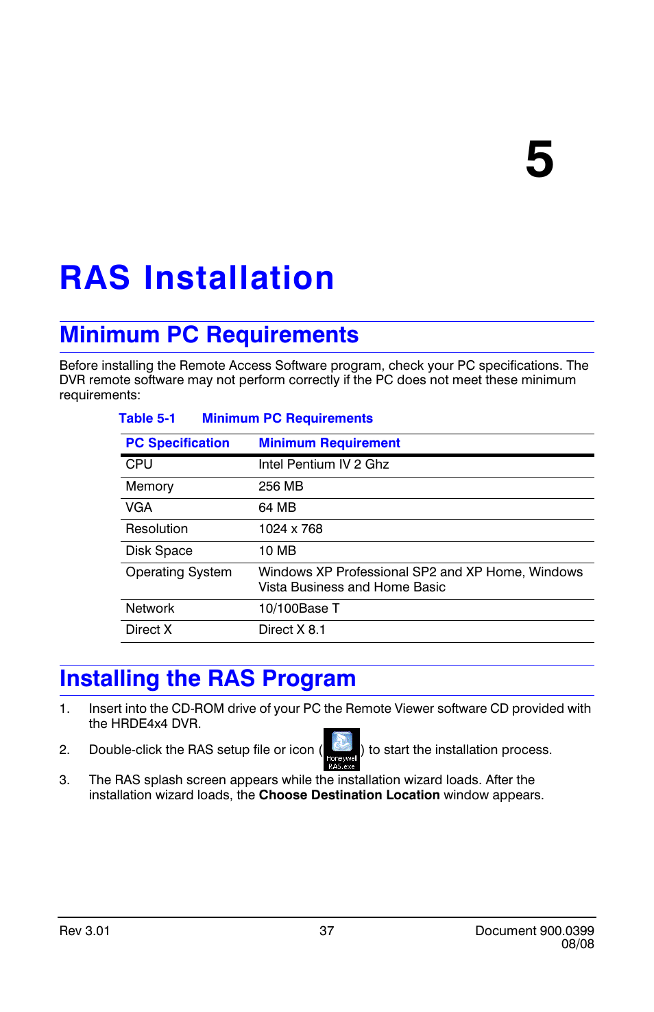 Ras installation 5, Minimum pc requirements, Installing the ras program | Ras installation, Minimum pc requirements installing the ras program, Chapter 5, ras installation | Honeywell HRDE4X4 User Manual | Page 47 / 80