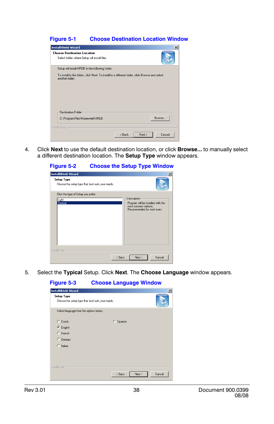 Choose destination location window, Choose the setup type window, Choose language window | Honeywell HRDE4X4 User Manual | Page 48 / 80