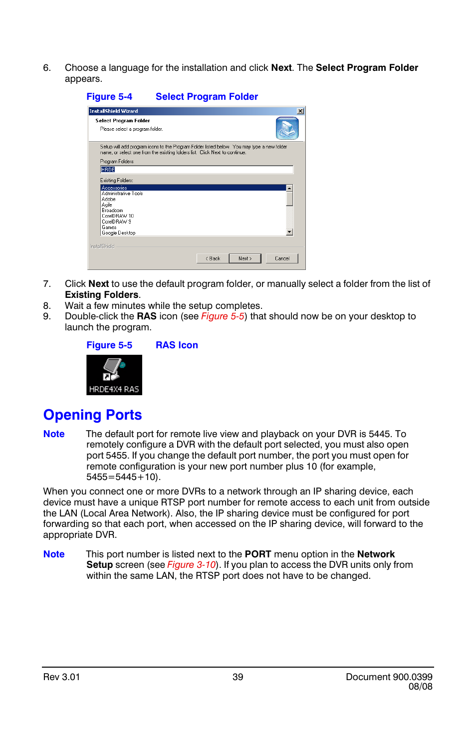 Opening ports, Select program folder, Ras icon | Honeywell HRDE4X4 User Manual | Page 49 / 80