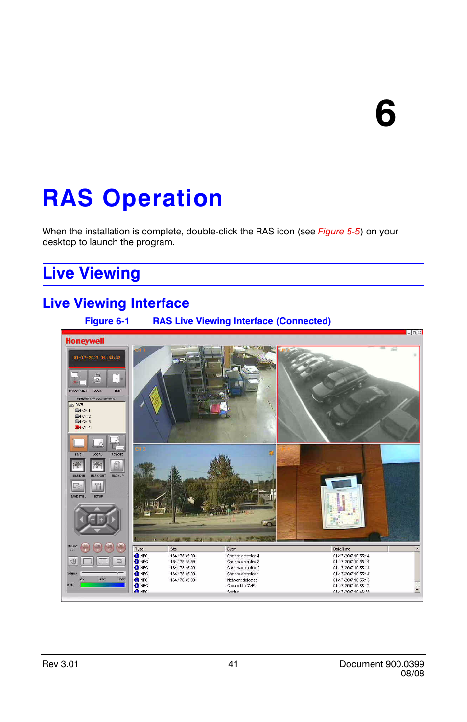 Ras operation 6, Live viewing, Live viewing interface | Ras operation, Ras live viewing interface (connected), Chapter 6, ras, Operation, Chapter 6, ras operation | Honeywell HRDE4X4 User Manual | Page 51 / 80